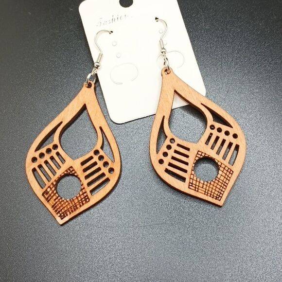 BOHO wood carved earrings lightweight jewelry tribal design - Picture 2 of 5